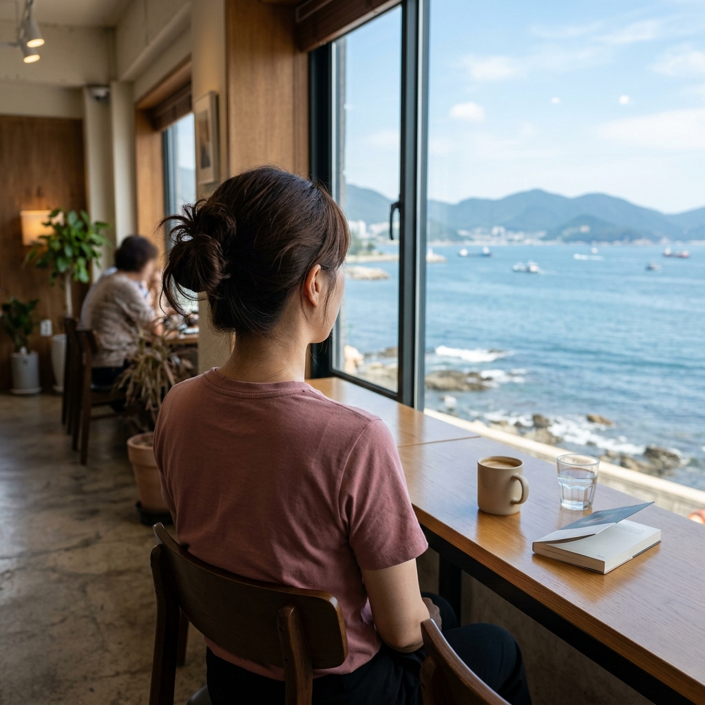 바다가 보이는 카페 창가에 앉아있는 여자의 뒷모습