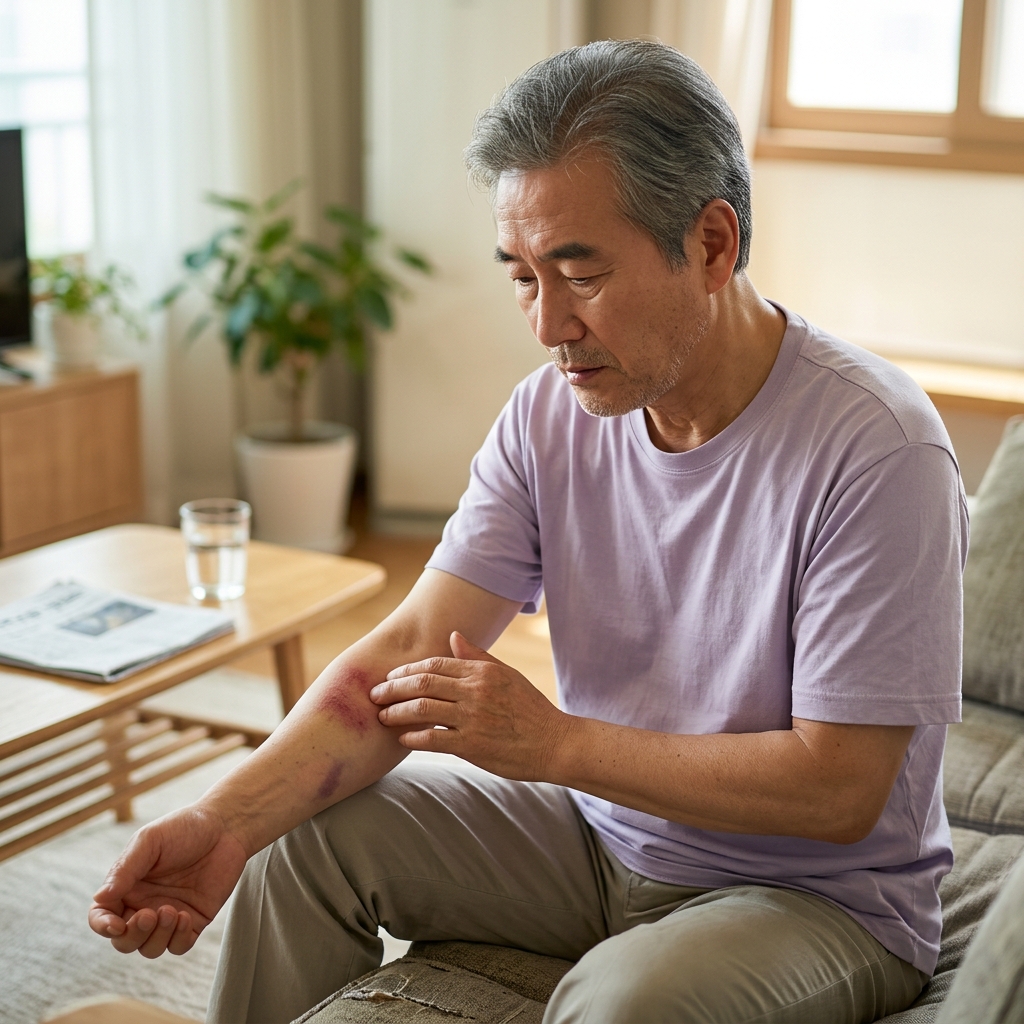 70대 중장년이 팔 피부에 생긴 보라색 멍 자국을 살피며 손으로 가볍게 만져보는 모습, 실내 자연광, 얇은 여름 반팔 셔츠 착용, 한국인 외형