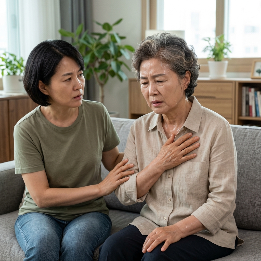 70대 한국인이 실내 소파에 앉아 가슴에 손을 얹고 땀을 흘리며 불편한 표정을 짓고 있고, 보호자가 옆에서 지켜보는 모습