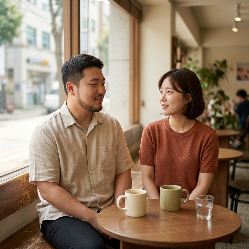 카페 창가에 나란히 앉아 대화를 나누는 젊은 남녀, 따뜻한 자연광이 들어오는 실내, 부드러운 표정으로 서로를 바라보는 모습