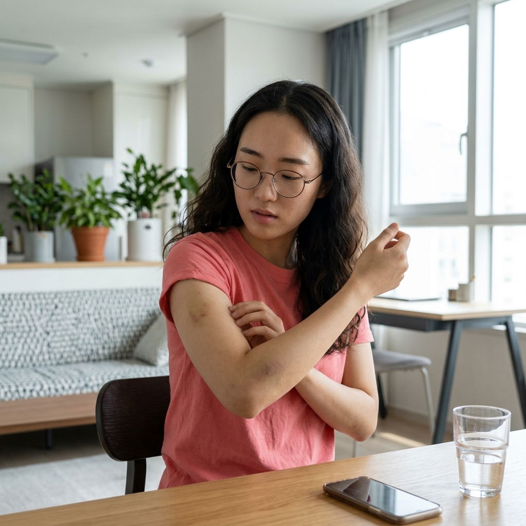 20대 여성이 팔의 멍을 살피며 고개를 갸웃하는 모습