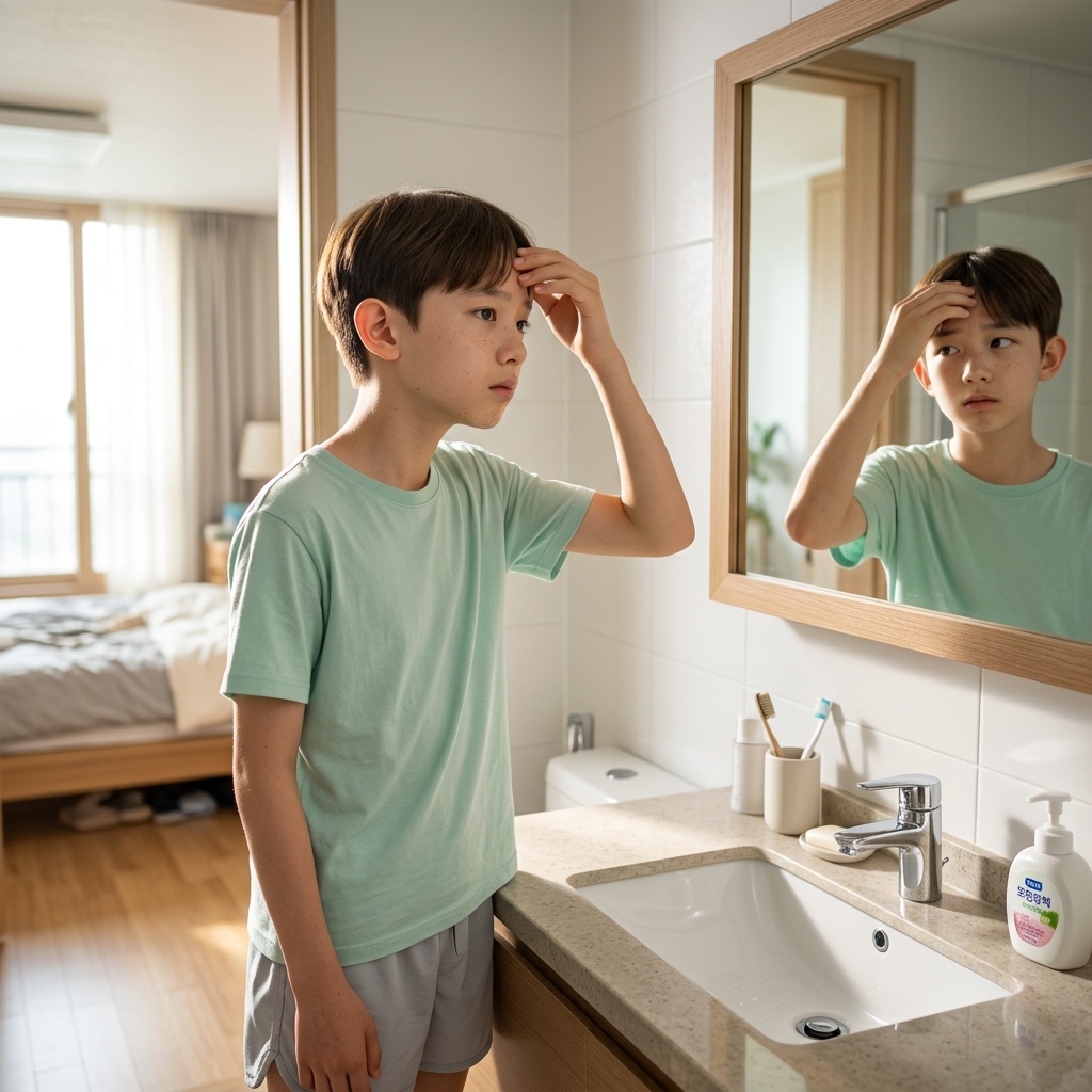 거울을 보며 이마를 만지는 10대 초반 학생의 모습, 자연광이 들어오는 밝은 실내