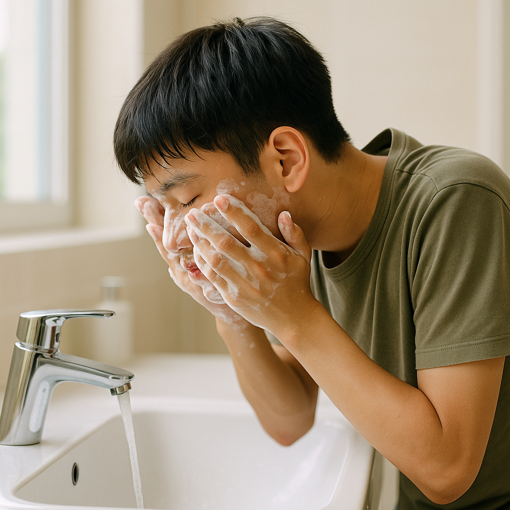 세면대에서 거품을 내 얼굴을 씻는 10대 학생의 옆모습, 밝은 실내 조명