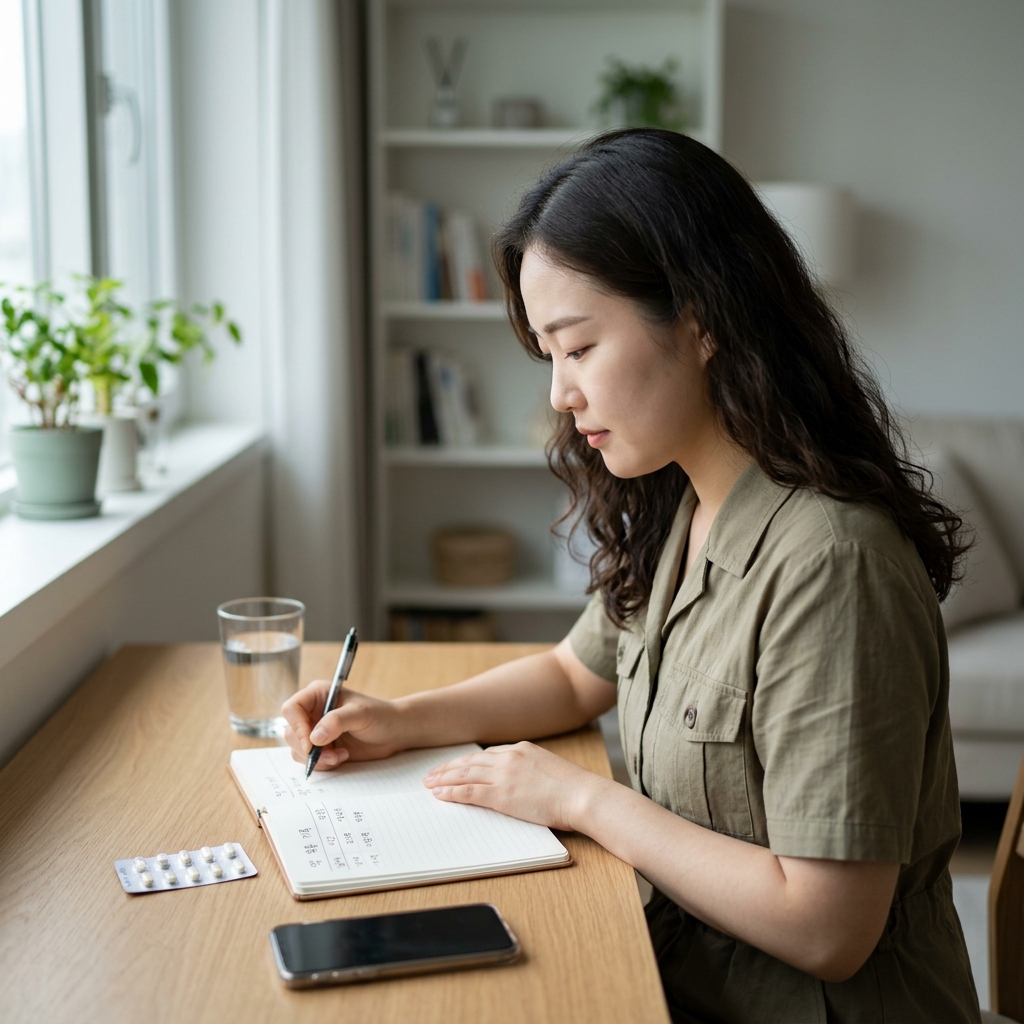 20대 여성이 책상에서 약 복용 기록을 노트에 적고 있는 모습