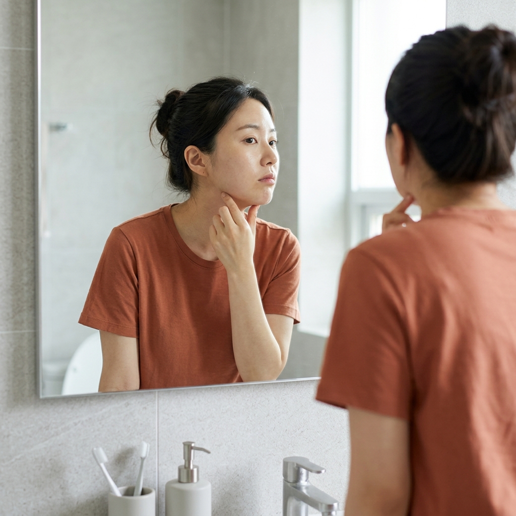 거울을 보며 턱 부위를 살피고 있는 20대 후반 여성의 모습, 짧은 소매 티셔츠 차림, 실내 자연광