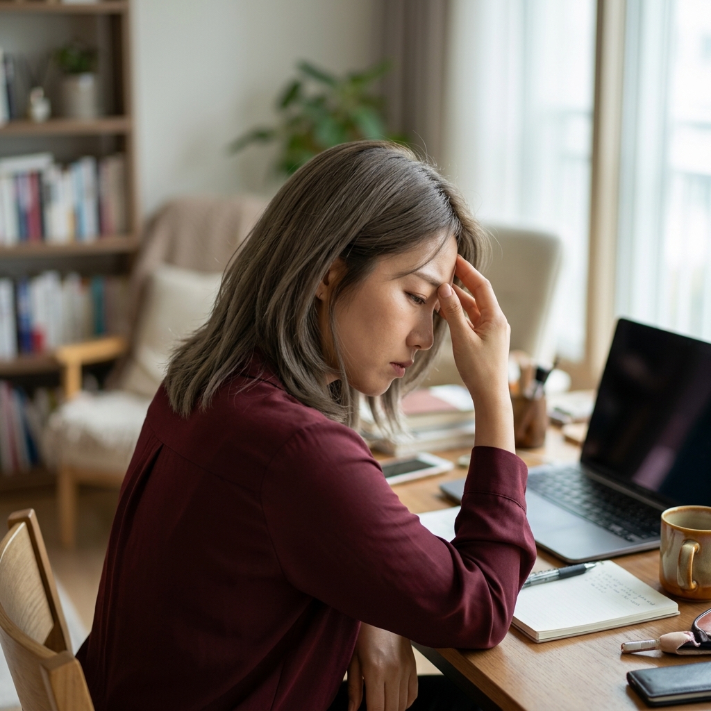 20대 여성이 책상에 앉아 피곤한 표정으로 이마를 짚고 있는 모습