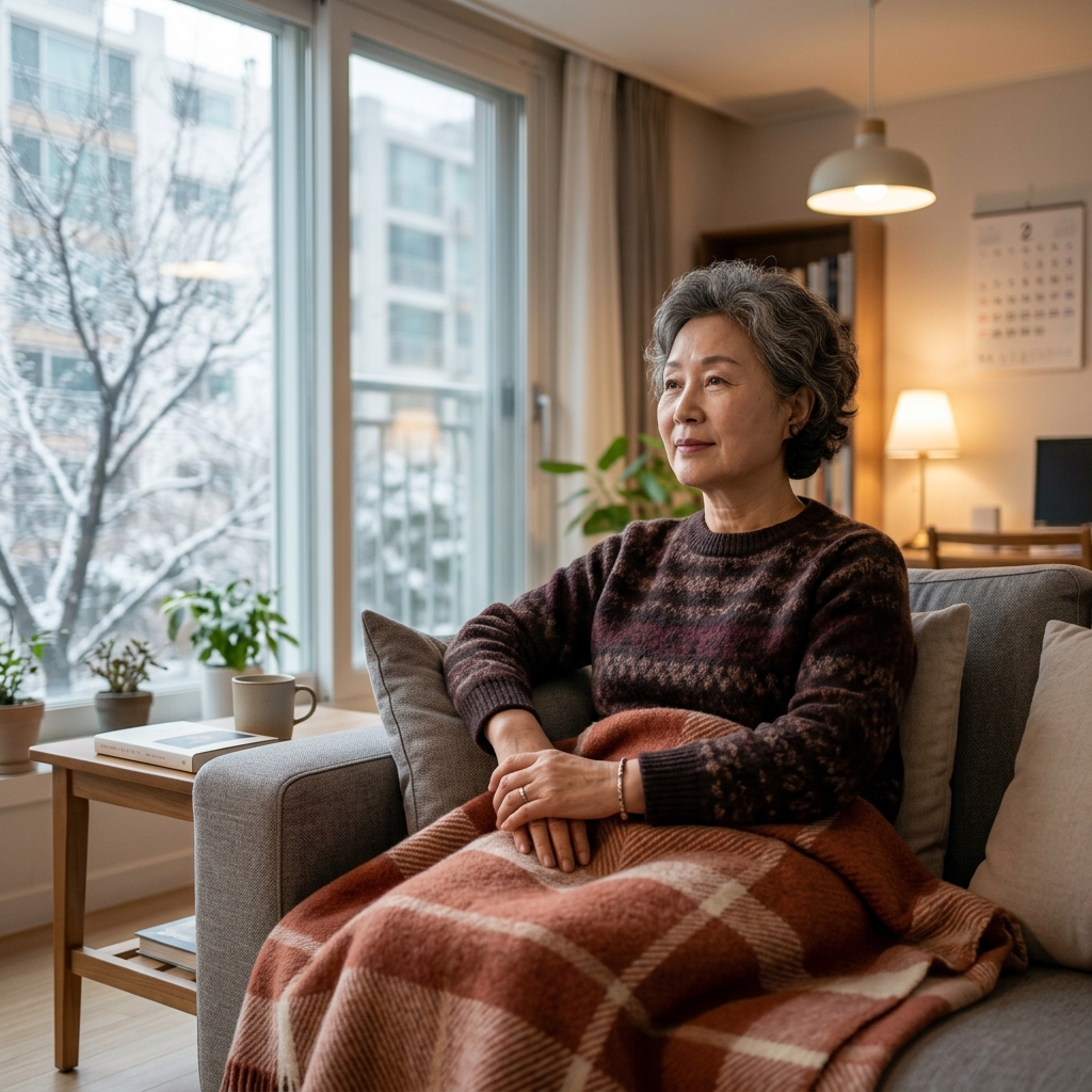 70대 한국인 여성이 거실 소파에 담요를 덮고 앉아 있는 모습, 실내 조명, 창밖으로 겨울 나뭇가지가 보임