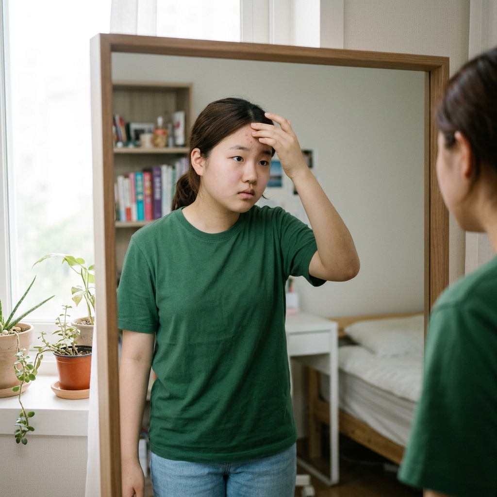 이마에 손을 대고 거울을 보는 10대 청소년의 모습, 실내 자연광