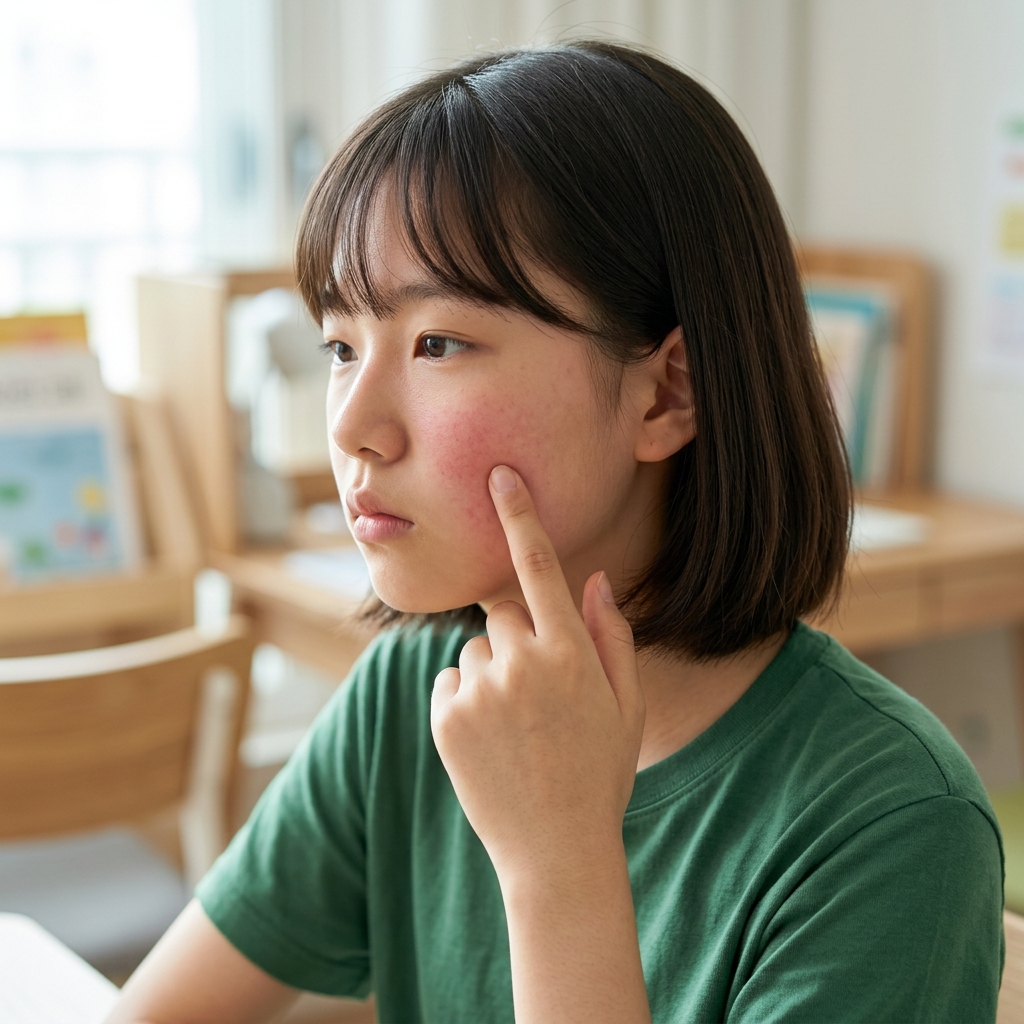 붉어진 볼 부위를 손가락으로 조심스럽게 만지는 십대 청소년의 얼굴 측면, 밝은 실내 자연광