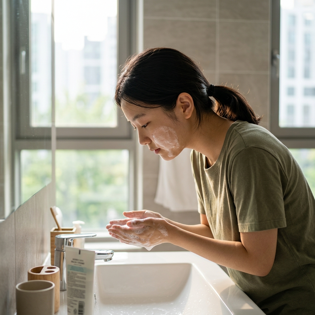 세면대 앞에서 거품을 손에 덜어 부드럽게 얼굴을 씻는 십대 청소년, 창밖으로 들어오는 자연광