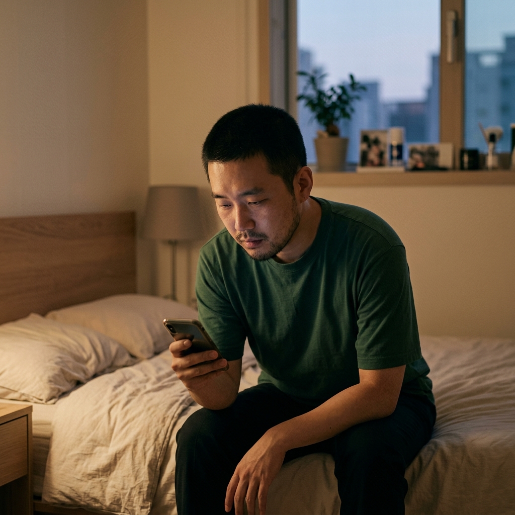 30대 한국인 남성이 스마트폰을 보며 침대에 앉아 있고, 어깨가 구부정하며 표정이 어두운 모습, 방 안은 어스름한 저녁 조명