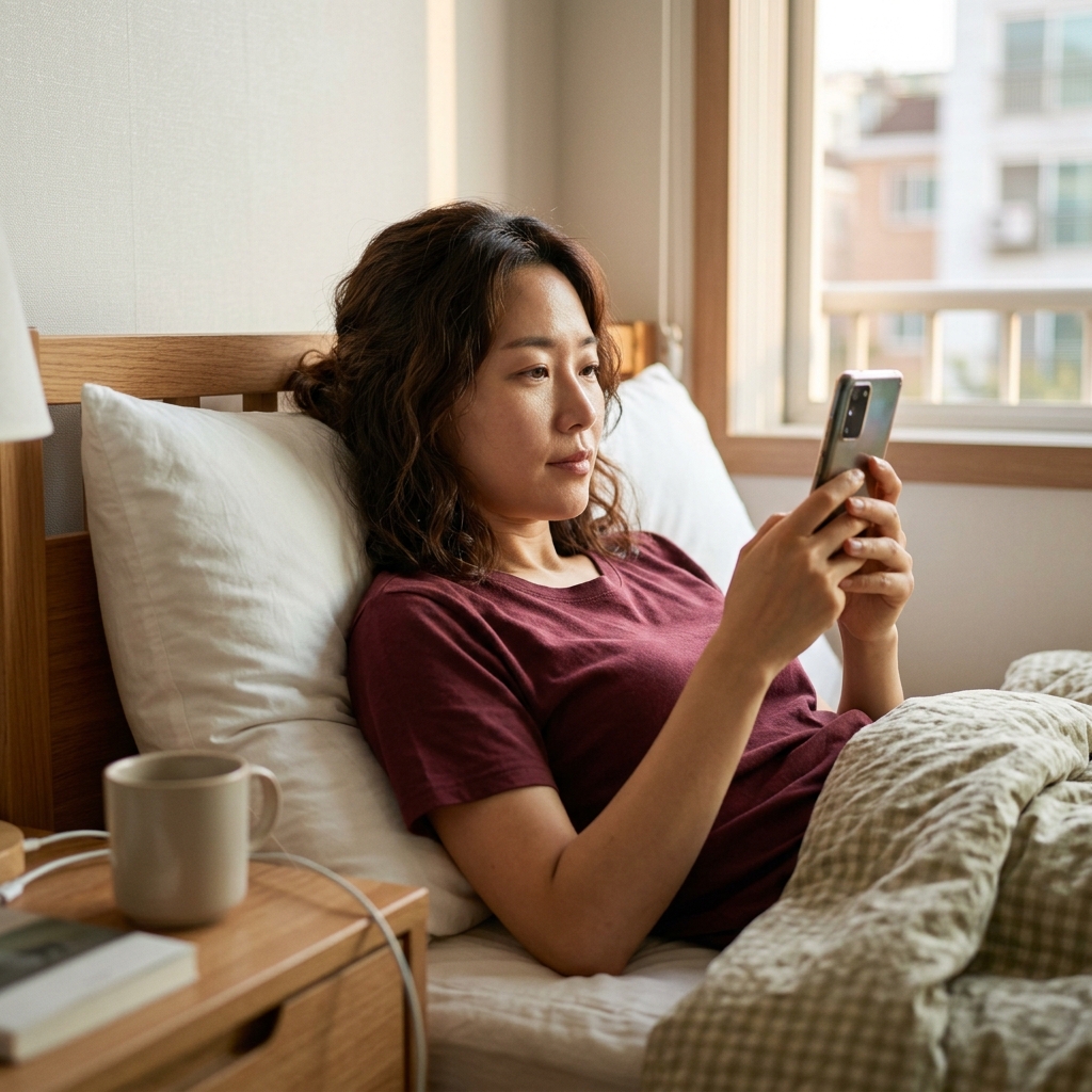 침대에 누워 스마트폰을 보고 있는 30대 직장인의 모습, 얇은 반소매 티셔츠, 창밖으로 오후의 부드러운 햇빛