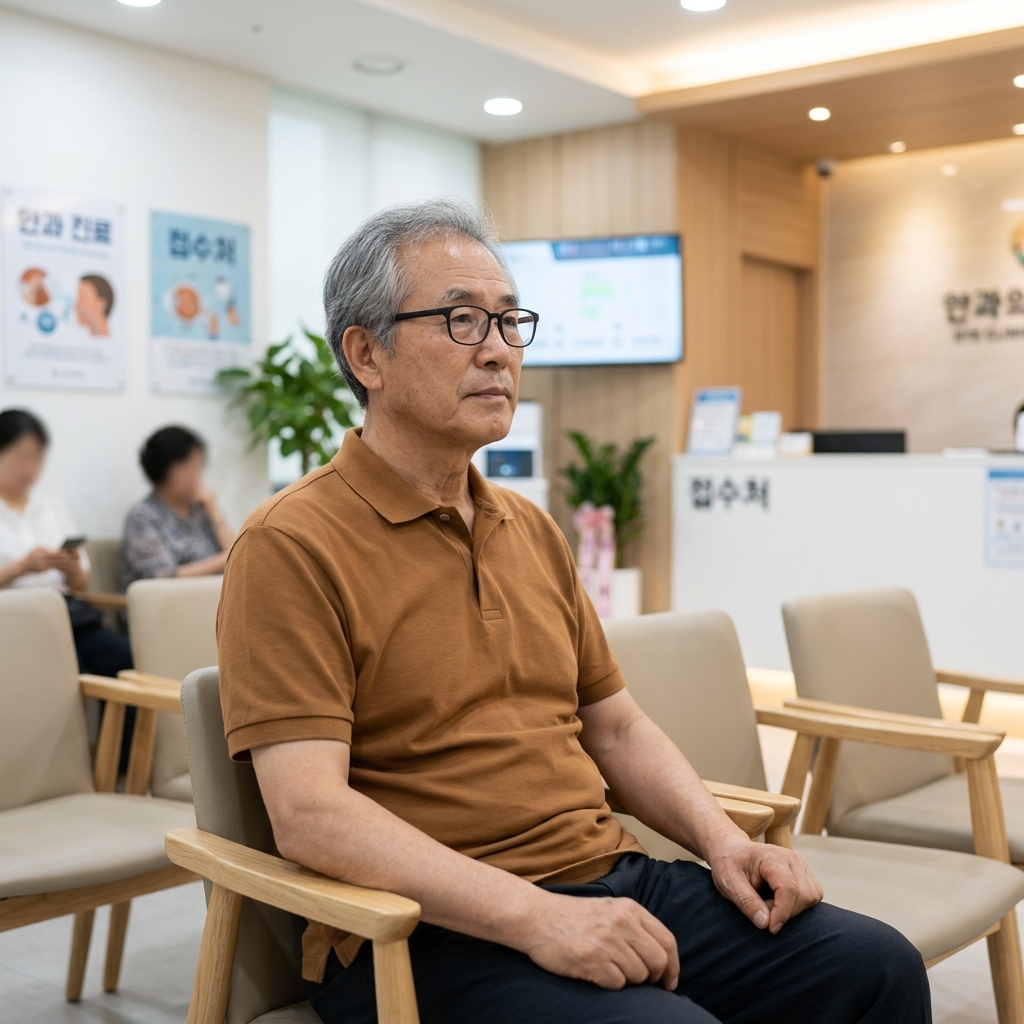 70대 남성이 안과 대기실 의자에 앉아 진료 순서를 기다리며 차분히 전방을 바라보는 장면