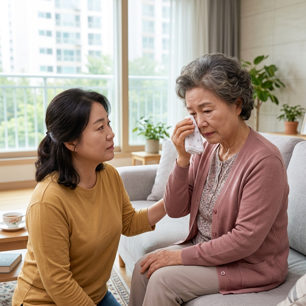 실내 소파에 앉아 손수건으로 눈가를 닦는 70대 여성, 옆에서 딸이 관찰하는 장면, 밝은 자연광, 얇은 가디건 착용