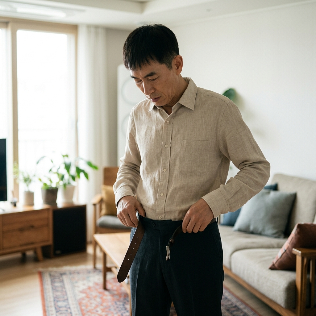 거실에서 긴소매 셔츠 입은 70대 한국인 남성이 바지 허리를 손으로 잡아당겨 보며 헐렁해진 허리띠를 확인하는 모습, 자연광, 다큐멘터리 스타일, 텍스트 없음
