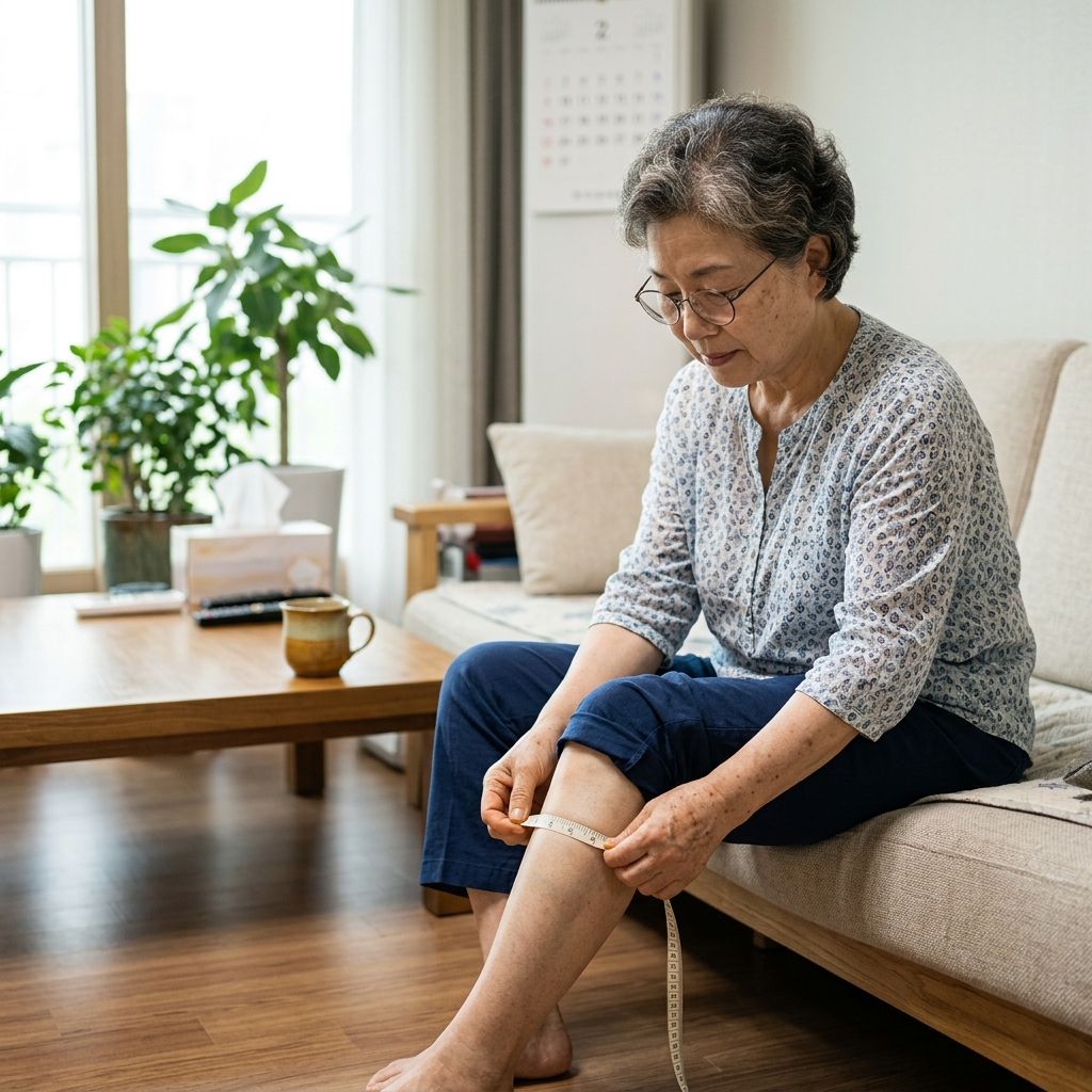 70대 한국인이 거실에서 줄자로 종아리 둘레를 재고 있는 장면, 자연광, 평온한 표정