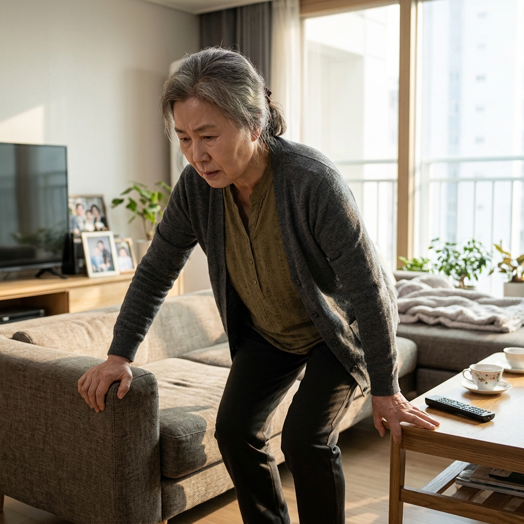 70대 한국인이 거실 소파에서 일어서려고 다리에 힘을 주고 있는 장면, 자연광