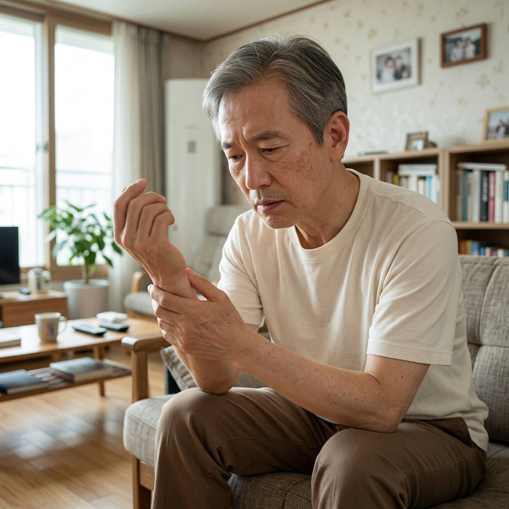 70대 노인이 집 안에서 걱정스러운 표정으로 무언가를 의심하듯 살펴보는 모습