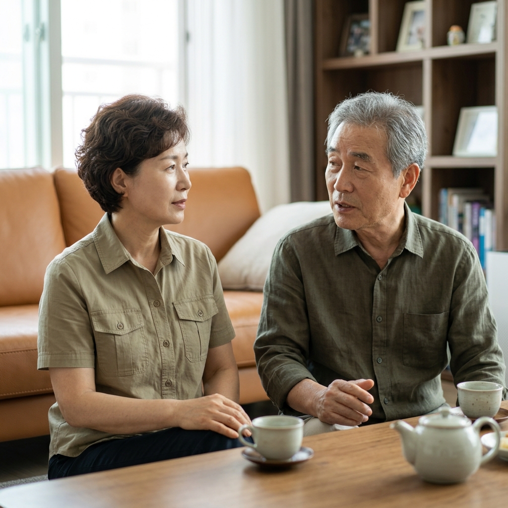 중년 자녀가 70대 부모와 나란히 앉아 차분히 대화를 나누는 모습