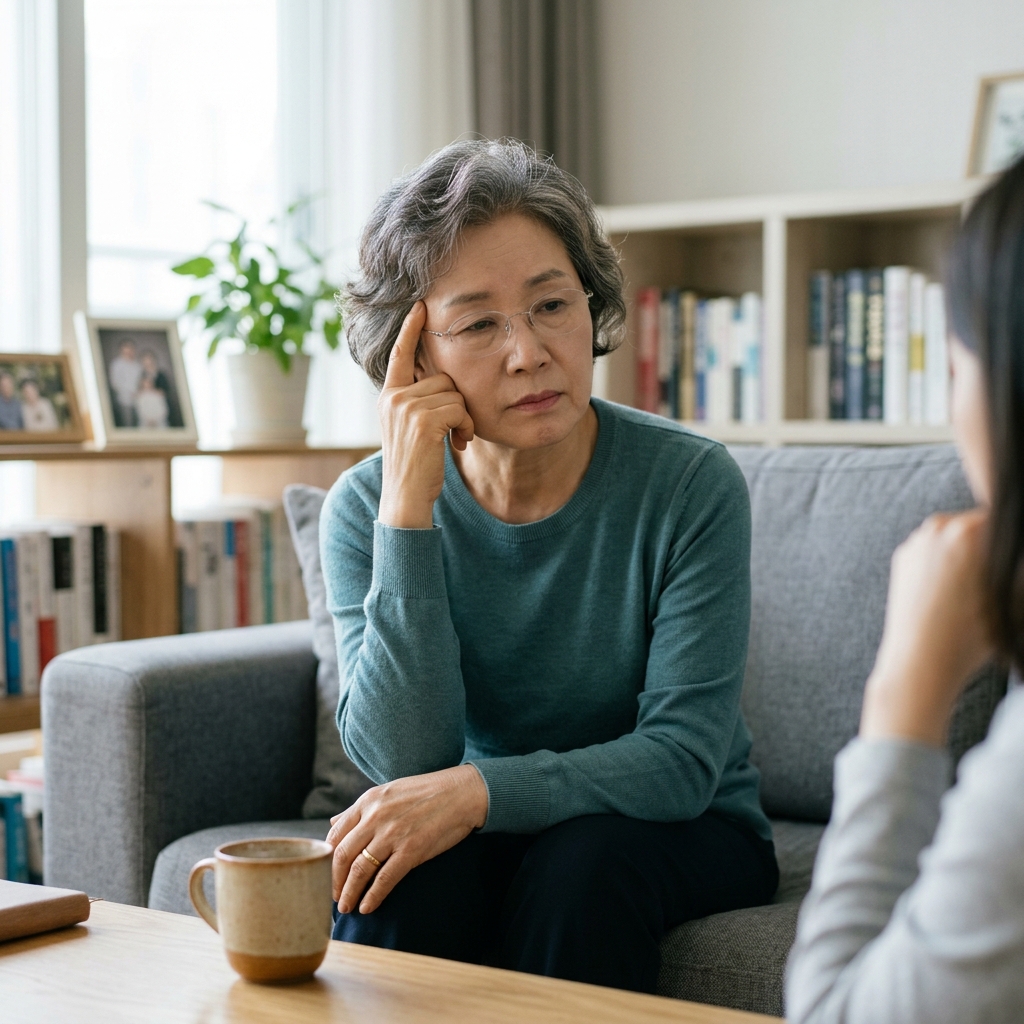 70대 한국인이 거실 소파에 앉아 대화 중 잠시 생각에 잠긴 표정으로 손가락을 이마에 대고 있는 모습, 자연스러운 실내 조명, 차분한 분위기