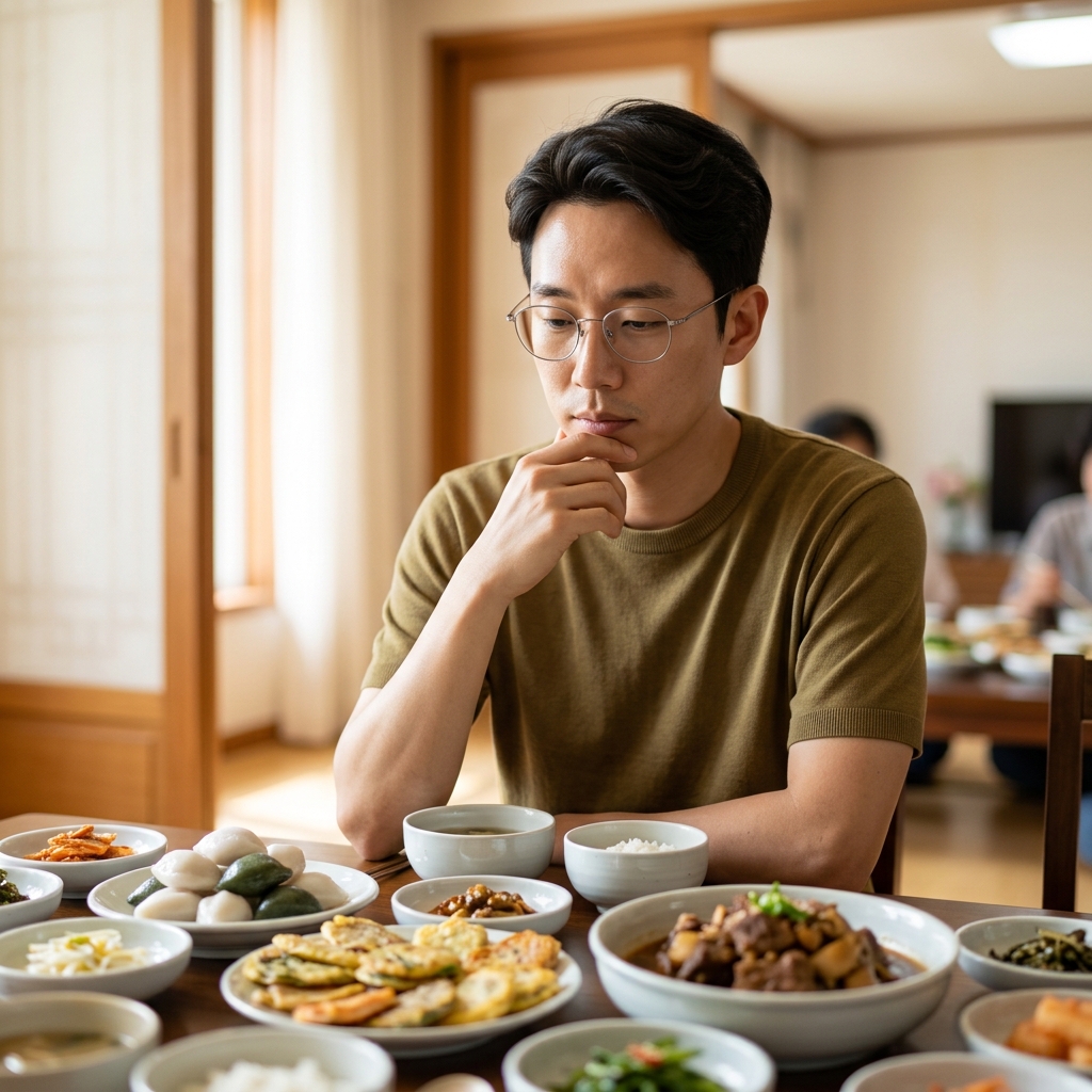 30대 성인이 명절 음식이 차려진 식탁 앞에서 조용히 앉아 생각에 잠긴 표정을 짓고 있는 모습