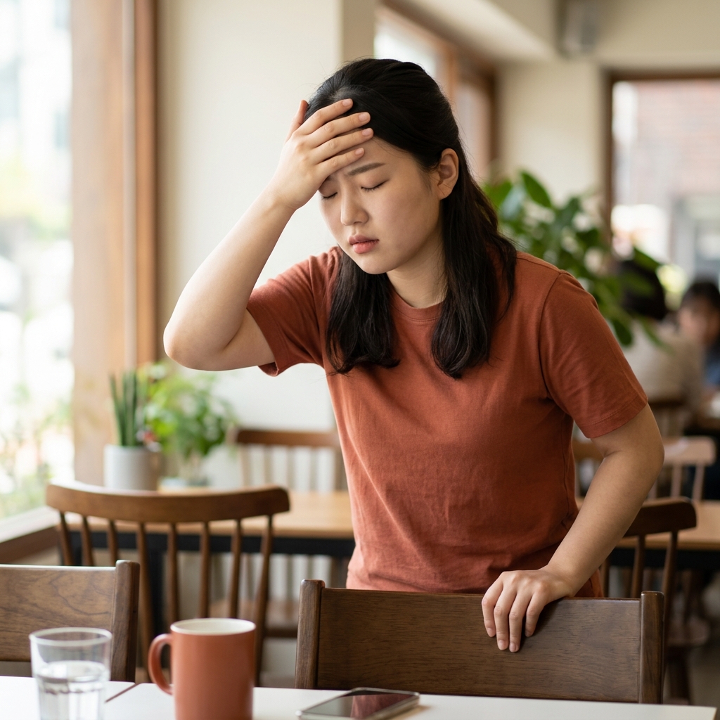 의자에서 일어서며 이마를 짚고 있는 20대 여성, 실내 자연광, 어지럼을 느끼는 순간