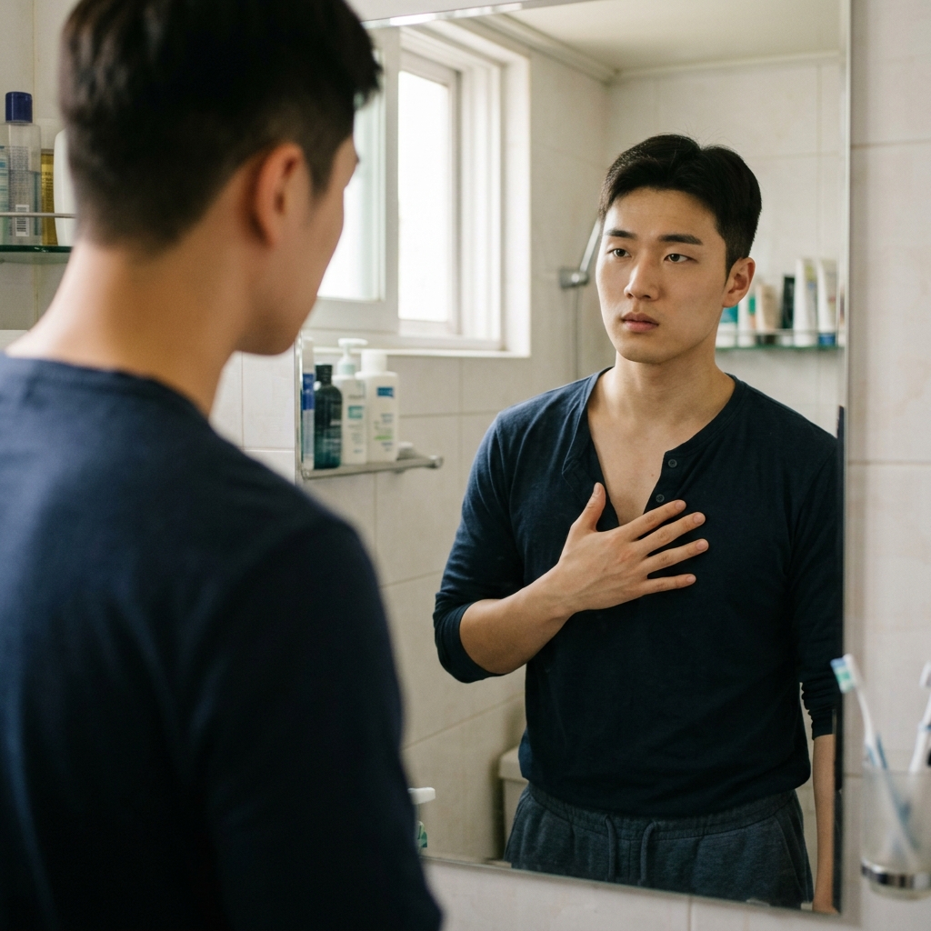 20대 남성이 거울 앞에서 가슴 부위를 손으로 만져보며 확인하는 모습