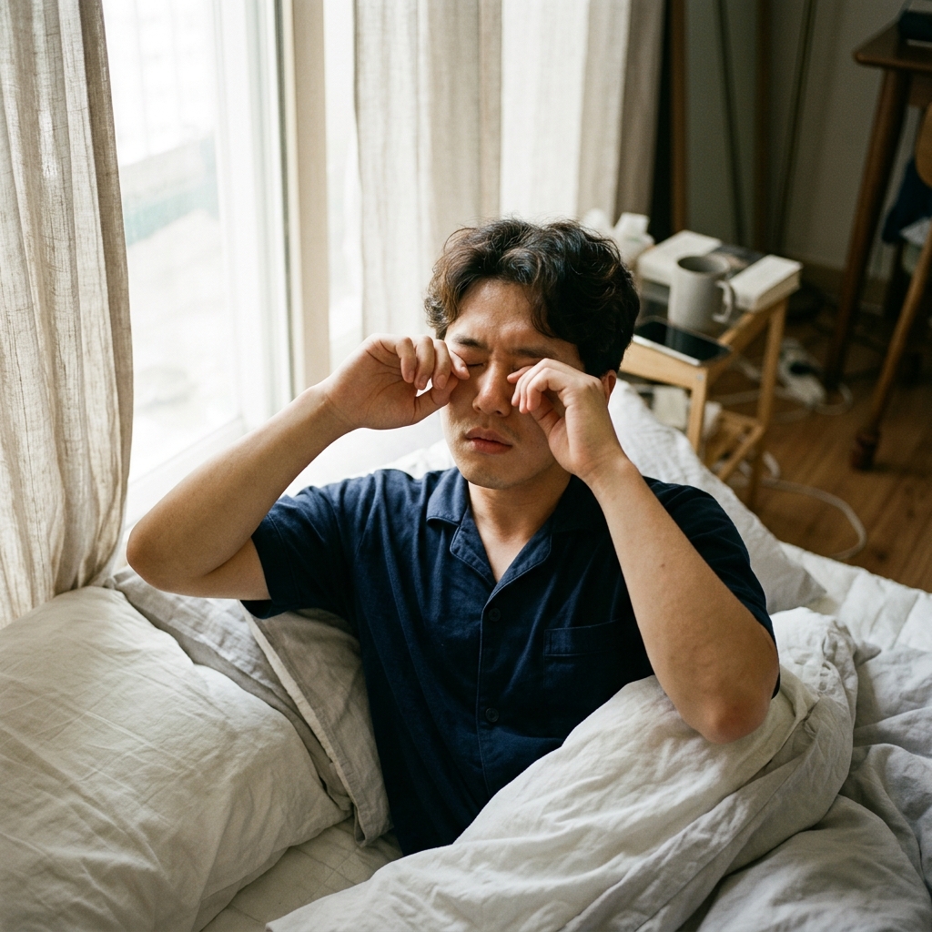 주말 늦은 오전, 침대에 누워 피곤한 표정으로 눈을 비비는 중년 한국인의 모습