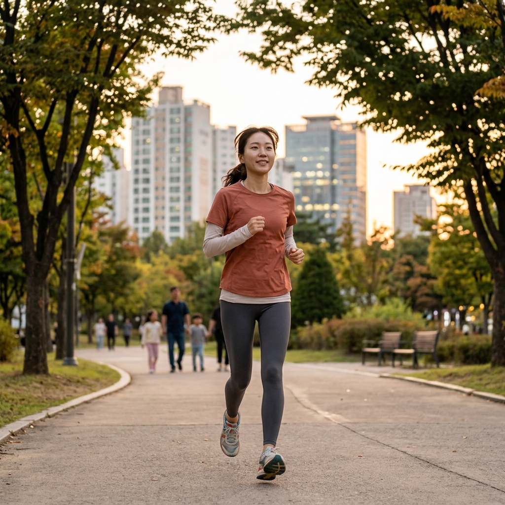 20대 후반 직장인이 퇴근 후 운동복 차림으로 도심 공원에서 가볍게 러닝하는 모습