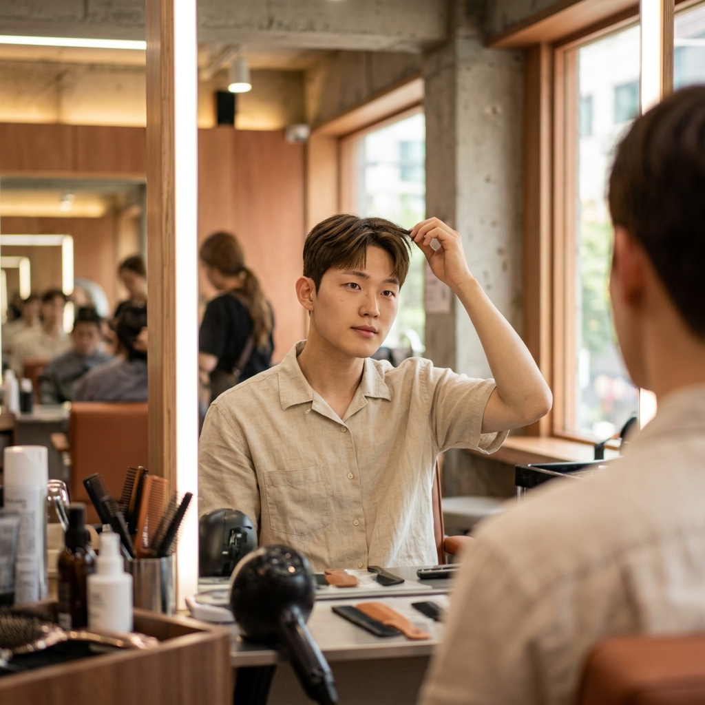 20대 한국인 남성이 미용실 거울 앞에서 자연스러운 텍스처드 크롭 헤어스타일을 확인하는 모습