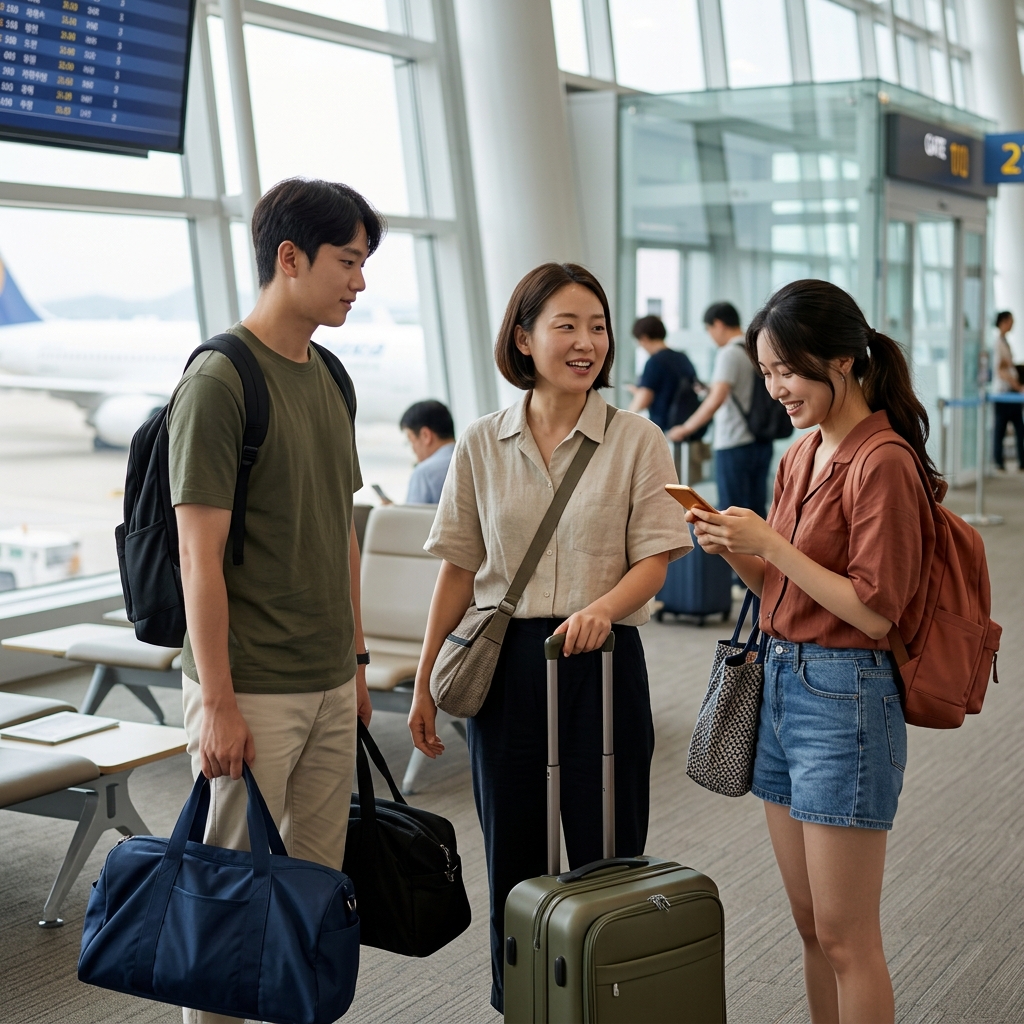 친구들과 공항 게이트 앞에서 짐을 든 여행 출발 장면