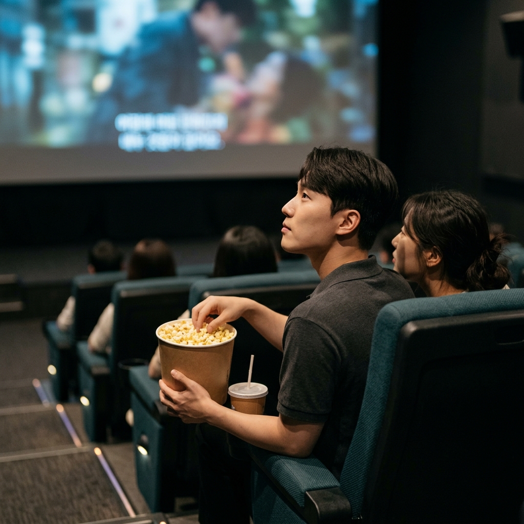 영화관에서 팝콘을 들고 스크린을 바라보는 젊은 관객들
