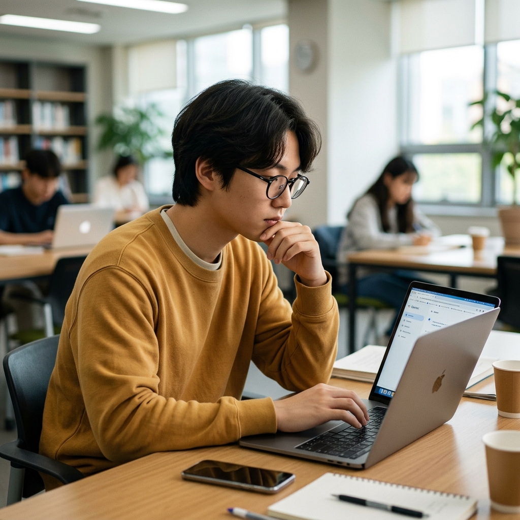 노트북 앞에 앉아 구글 제미나이 화면을 보고 있는 대학생