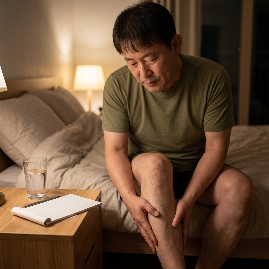 침대 옆 테이블 위에 물컵과 메모장이 놓여 있고, 중장년 성인이 침대에 앉아 다리를 주무르는 모습, 어두운 방 안 부드러운 조명