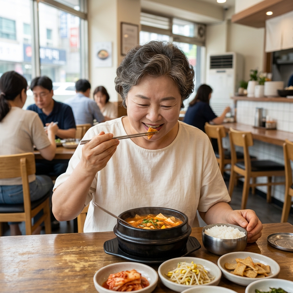 뜨거운 국물 요리를 앞에 두고 식사 중인 중년 한국인의 모습, 얇은 반팔 셔츠 차림, 밝은 식당 배경