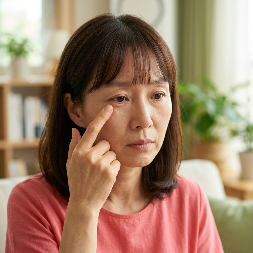 한쪽 눈 주위를 가볍게 만지며 떨림을 느끼는 중년 한국인의 얼굴 클로즈업, 자연광, 실내