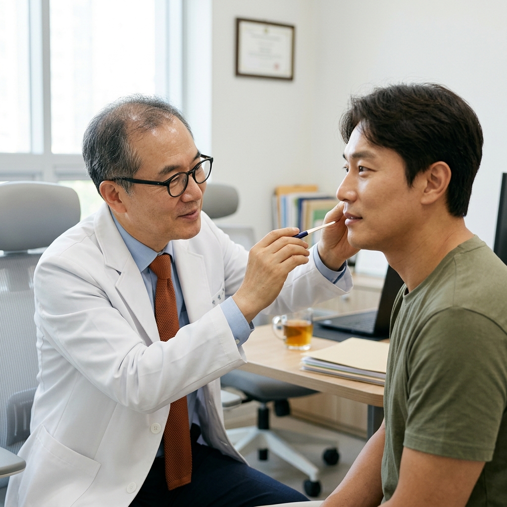 진료실에서 의사가 환자의 얼굴을 관찰하며 상담하는 장면, 중년 한국인, 자연스러운 실내 조명