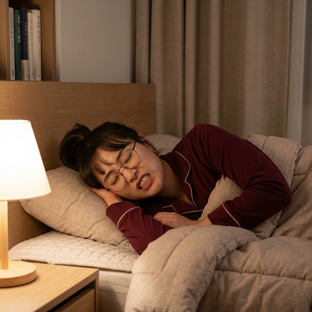 침대에 누운 60대 후반 여성이 잠든 채 이를 꽉 깨물고 있는 모습, 얼굴에 긴장감이 남아 있고 실내는 부드러운 야간 조명