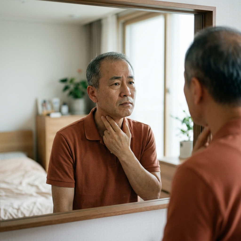 50대 중년 남성이 거울을 보며 목 부위를 만지고 있는 모습, 실내 자연광, 걱정스러운 표정
