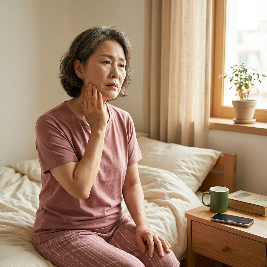 60대 여성이 아침에 일어나 손으로 턱을 만지며 불편한 표情을 짓는 모습, 침실 창가로 부드러운 아침 햇살