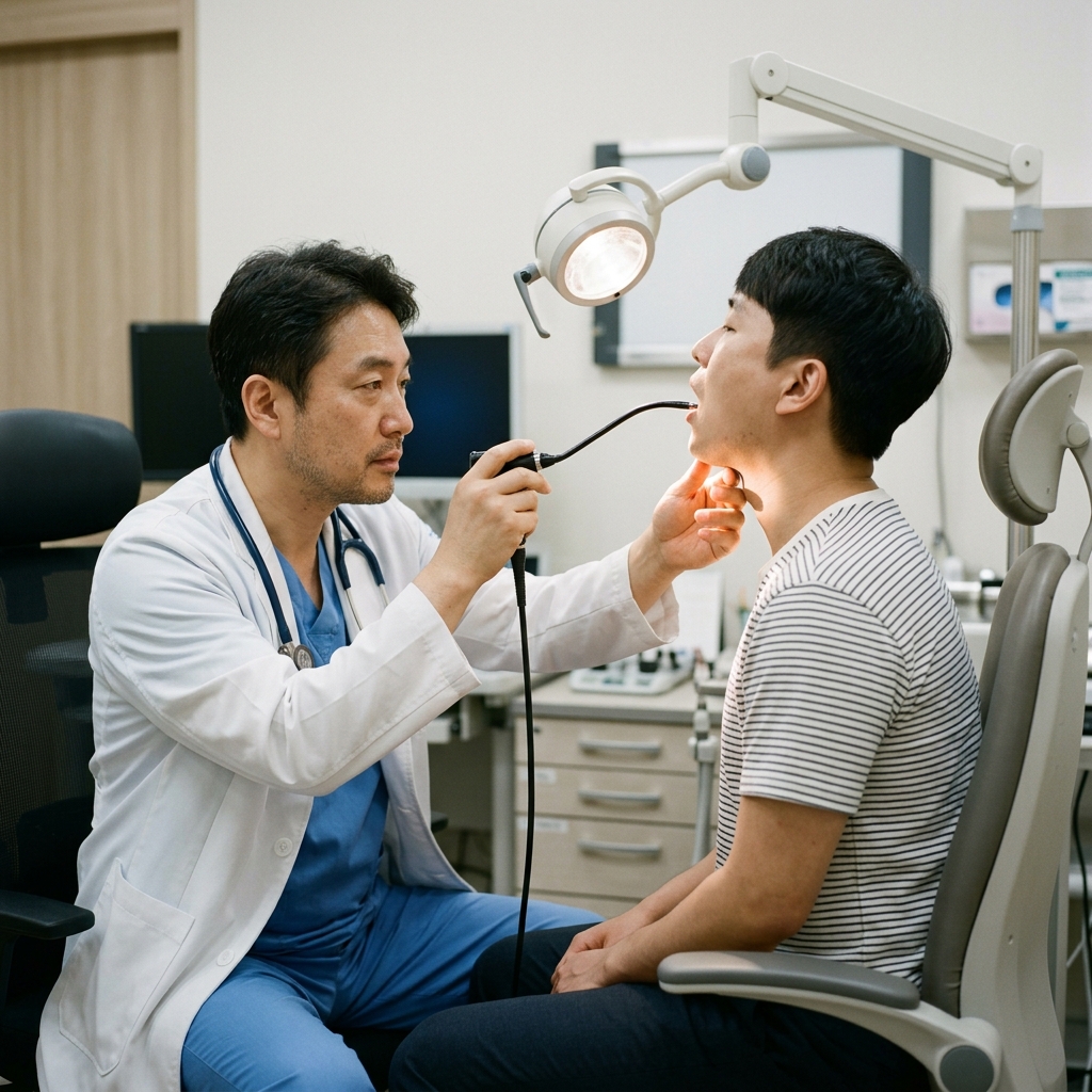 병원 진료실에서 의사가 환자 목을 후두내시경으로 검사하는 장면, 의료용 조명 아래