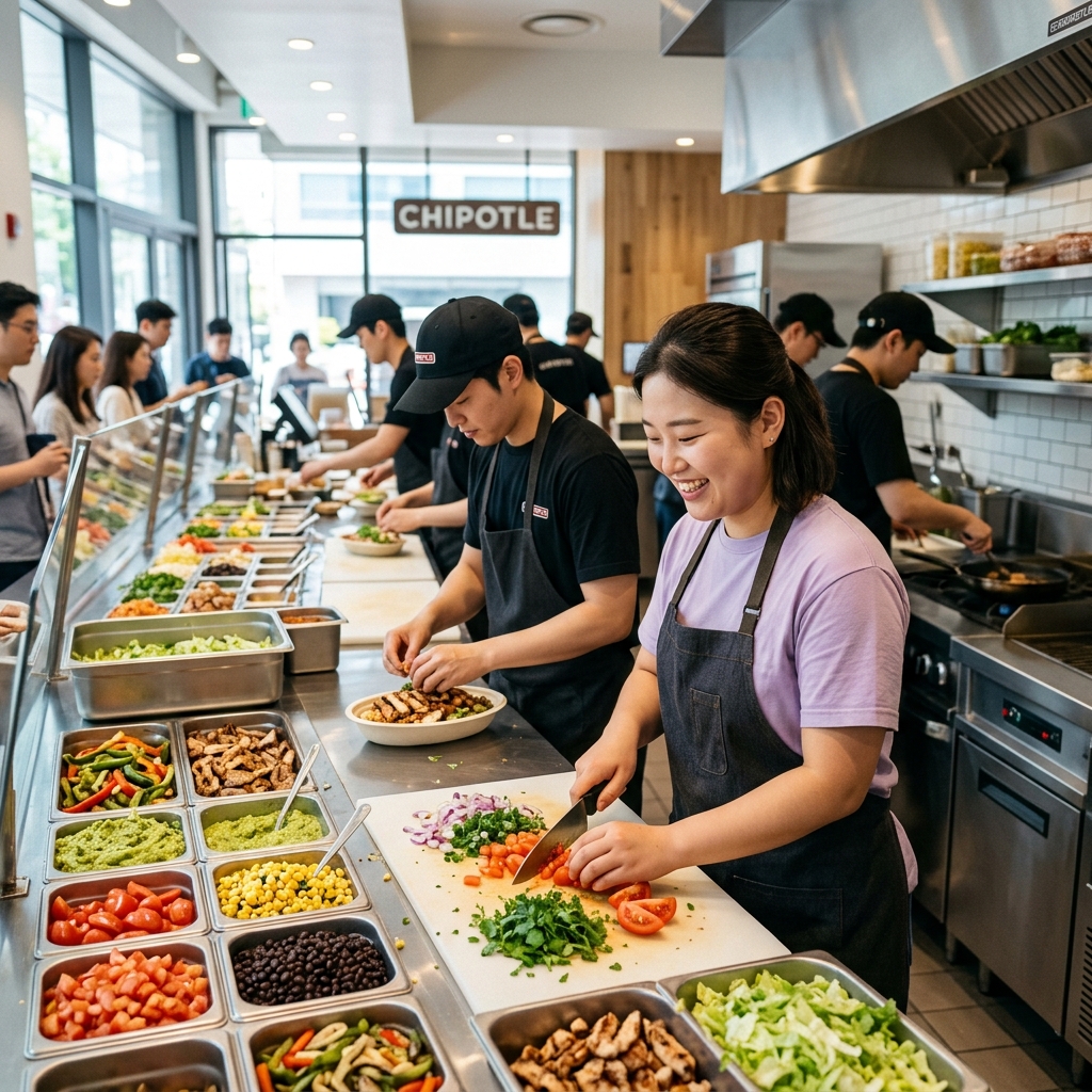 치폴레 강남점 매장 내부에서 신선한 재료를 준비하는 오픈 키친 모습