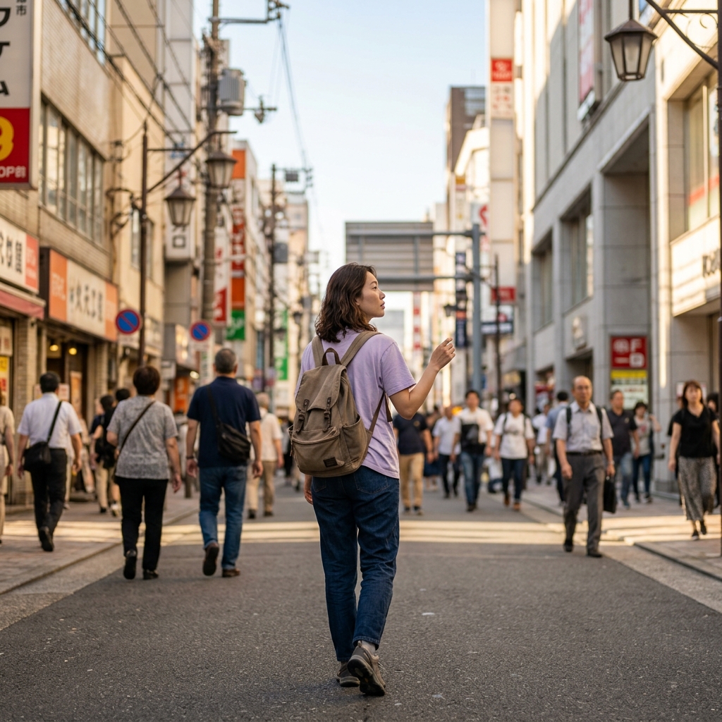 사카에 거리를 걷는 여행자의 오후 풍경