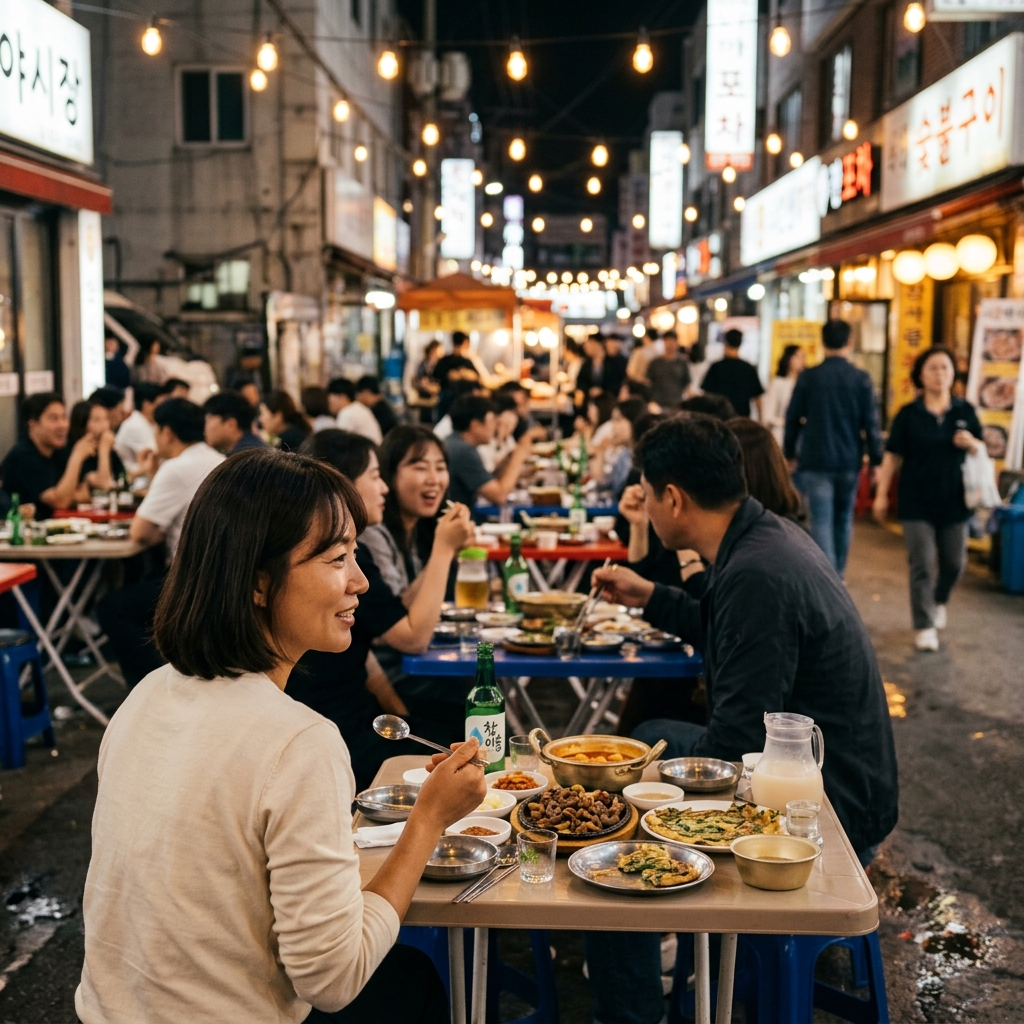서울 야장 거리에서 사람들이 야외 테이블에 앉아 음식과 술을 즐기는 가을밤 풍경