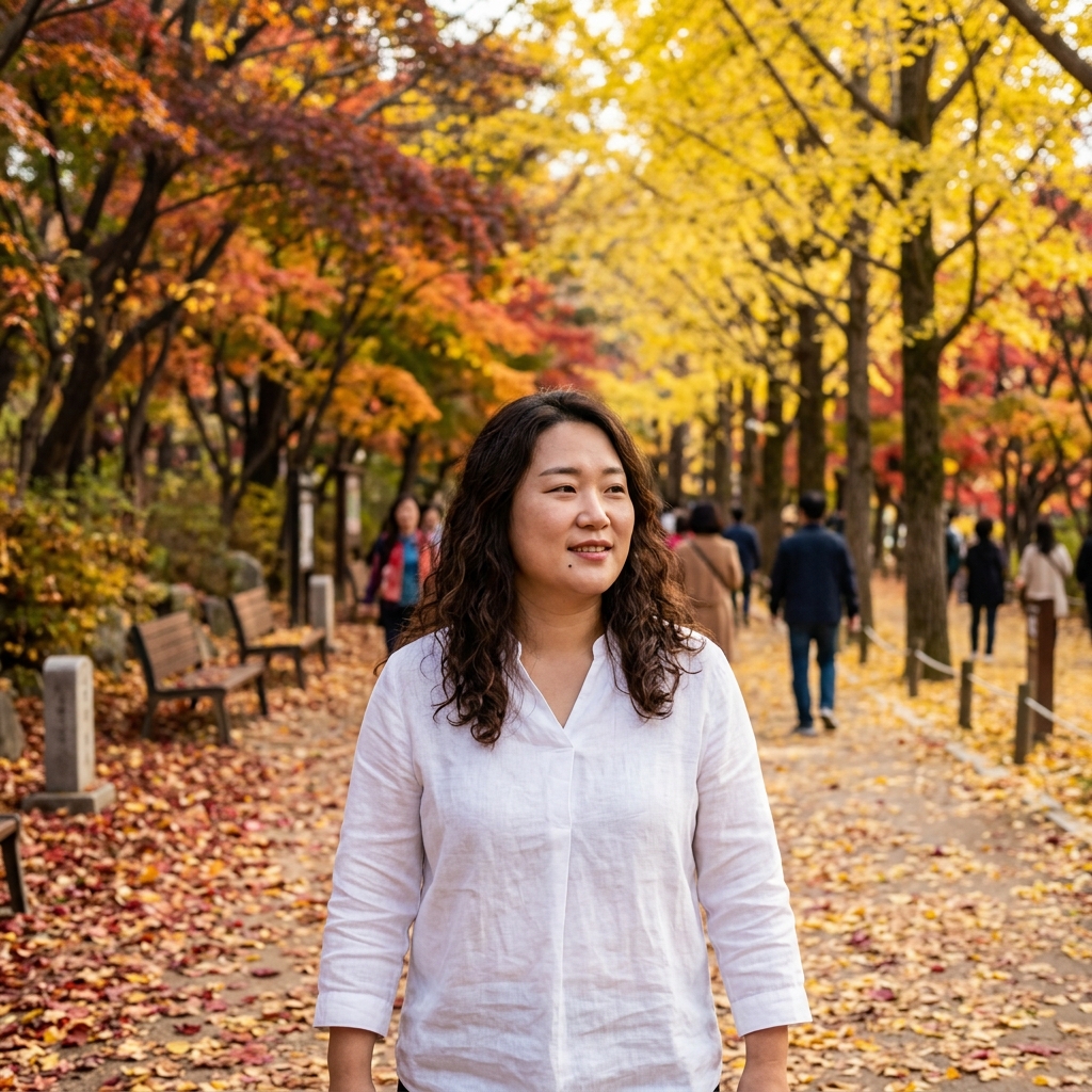 단풍과 은행나무가 어우러진 가을 산책로를 걷는 사람들