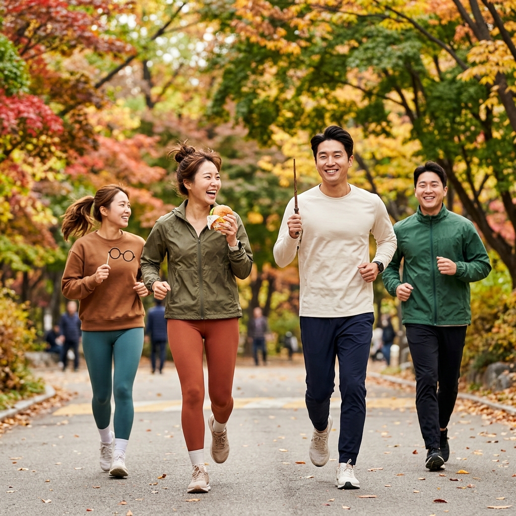 햄버거와 해리포터 소품을 든 러너들이 밝게 웃으며 달리는 가을 공원 풍경