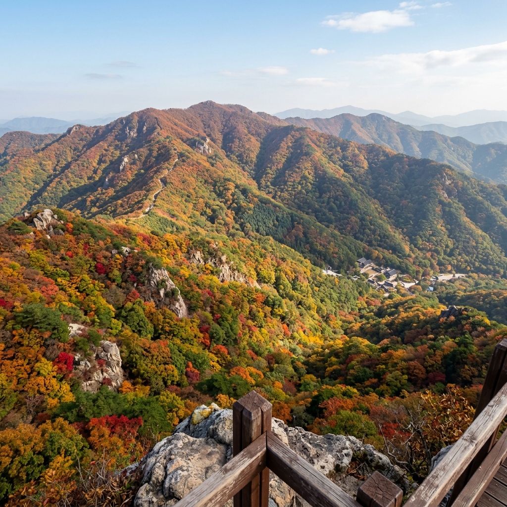 가을 산 정상에서 바라본 단풍 풍경