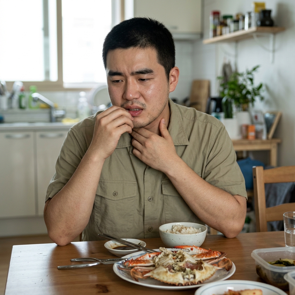 식탁 위 찐 꽃게를 앞에 두고 입술과 목 부위를 손으로 만지며 불편해하는 중년 남성의 모습