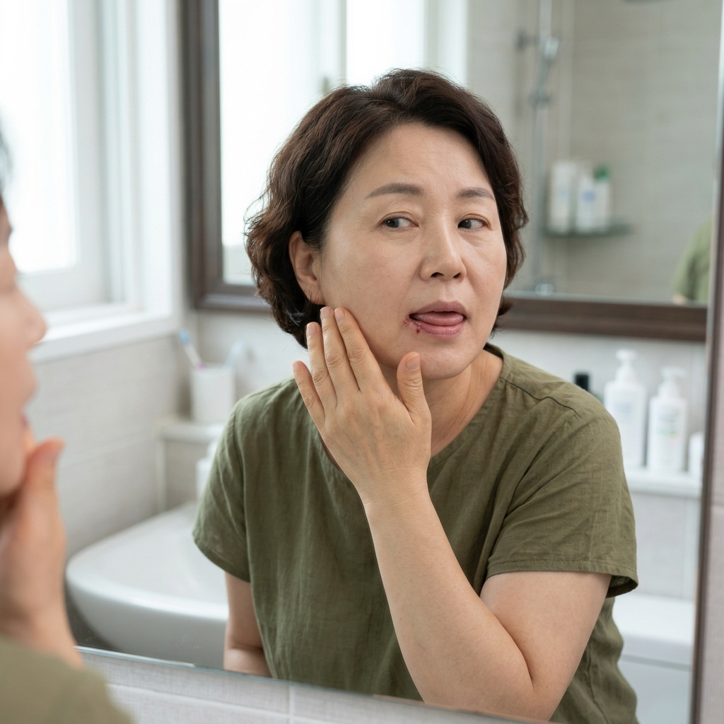 거울을 보며 혀 옆 상처 부위를 확인하는 중년 여성의 얼굴 클로즈업, 자연광 아래 실내