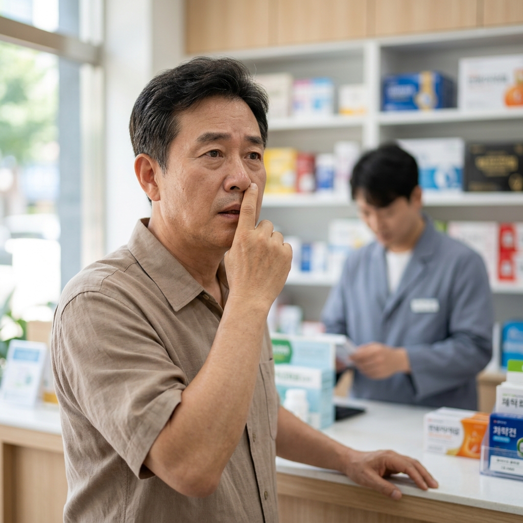 한쪽 코를 막고 불편함을 느끼는 중년 한국인의 모습
